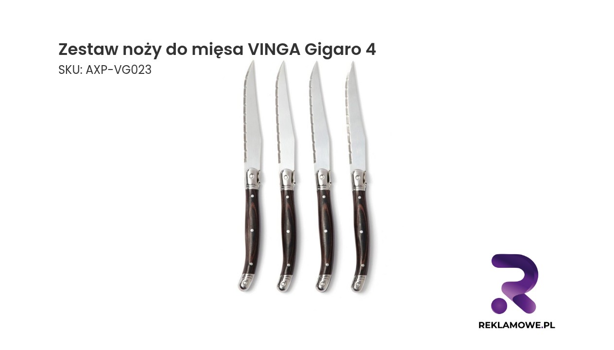 Zestaw czterech noży do mięsa VINGA Gigaro na drewnianym tle